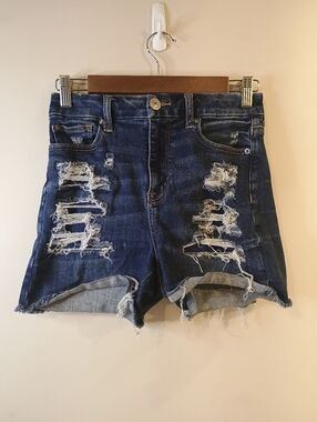 Y2K American Eagle Dark Blue Distressed Shortie Shorts - Women